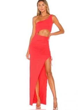 Superdown One Shoulder Cutout Maxi Dress Neon Coral Pink Ruched Slit Size S